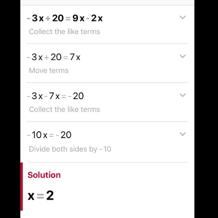 Solve the following equation: -3x + 20 = 9x - 2x​-example-1