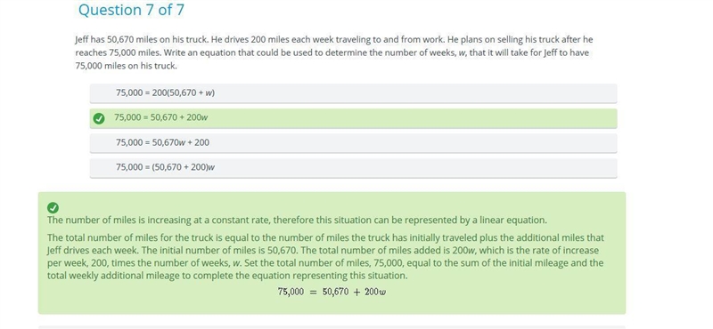 Jeff has 50,670 miles on his truck he drives 200 miles each week traveling to and-example-1