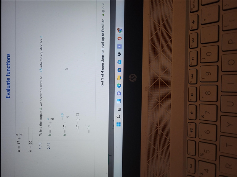 Find the output, h, when the input, x, is -18 H= 17 + x/6 H = ? Someone please help-example-1