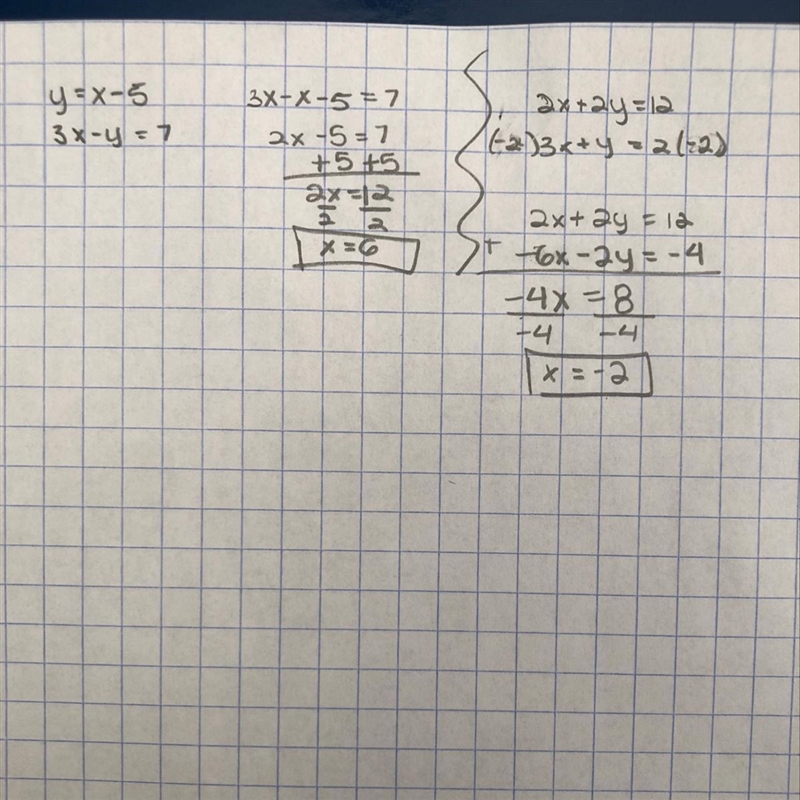 Solve the system using substitution. Show all work. y = x - 5 3x - y = 7 Solve the-example-1