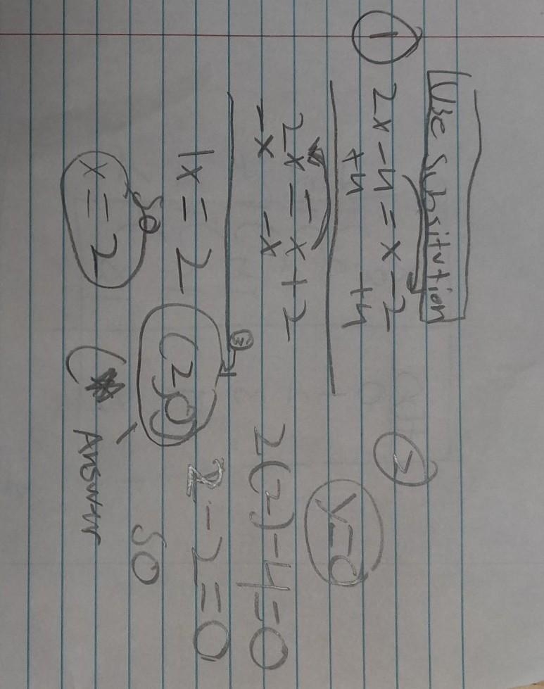 Consider the equations: y = 2x − 4 and y = x − 2. Solve the system of equations by-example-1