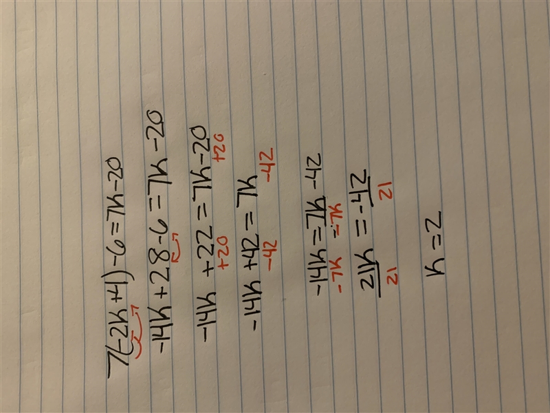 3) 7(-2k + 4) - 6 = 7k - 20 can someone help I have more ​-example-1