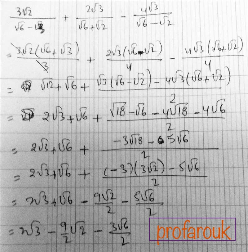 simplify (3root2 divided by root6 -root 3)+(2root3 divided by root 6+2)- (4root3 divided-example-1