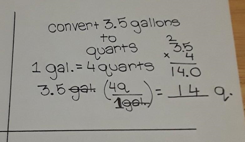 How to convert 3.5 gallons into quarts. There are 4 quarts in 1 gallon.-example-1