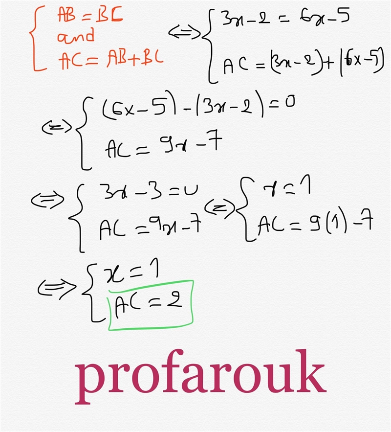 If AB= 3x-2 and BC= 6x-5 Find AC-example-1