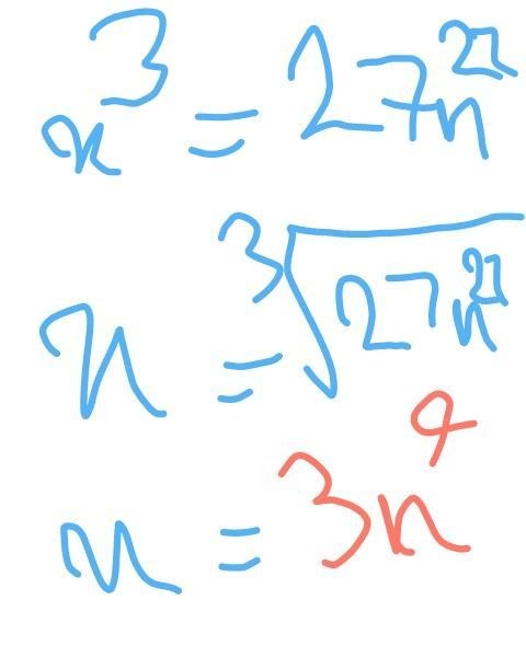 The volume of a cube is 27n^(27) units. What is the length of one side of the cube-example-1