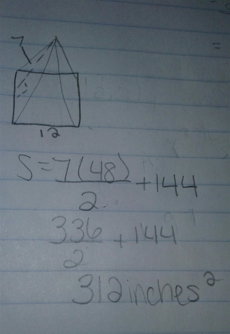 A square pyramid has a base with a side length of 12 inches each phase has a height-example-1