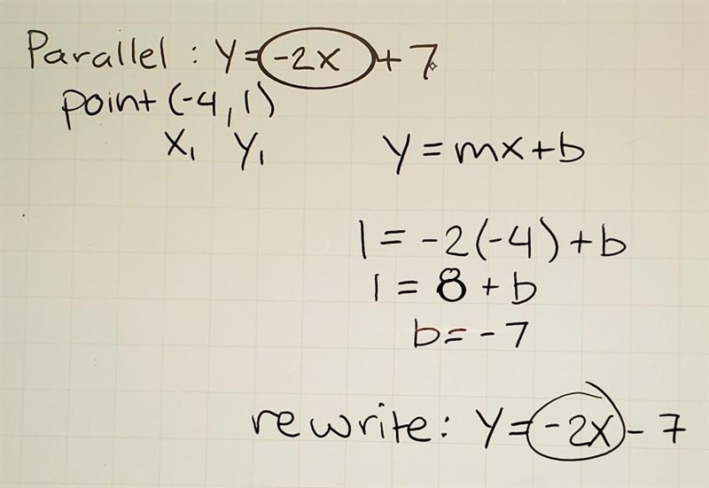 Write the equation of a line that is parallel to y = – 2 + 7 and that passes through-example-1