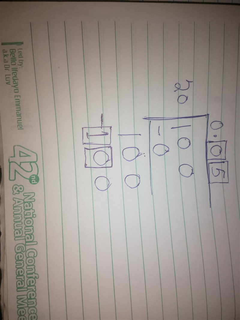 Jacob knows that 1/20 means “1 divided by 20.” He uses this to find the decimal equivalent-example-1