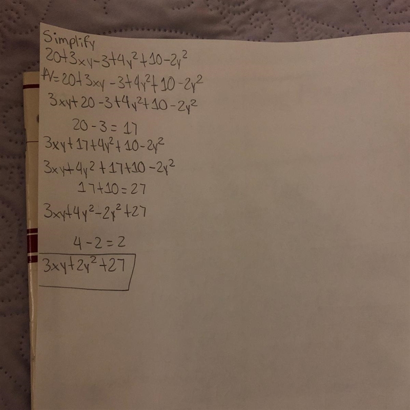 Simplify 20+3xy-3+4y^2+10-2y^2​-example-1