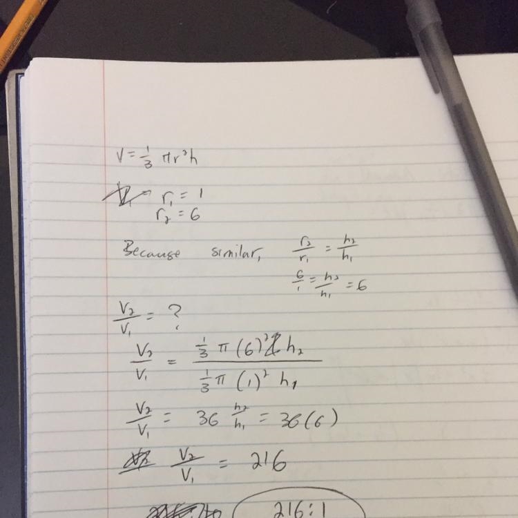 Two similar cones have radil of 6 and 1, respectively. What is the ratio of their-example-1