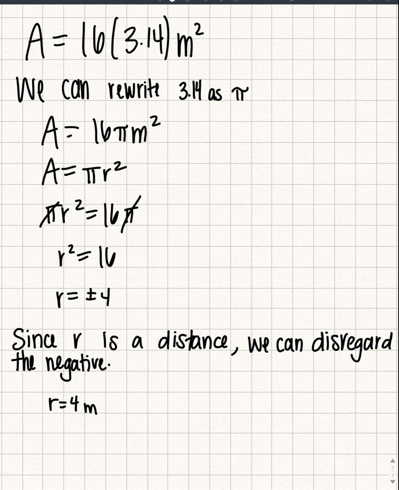 The area of a circle is 16 3.14 m^2. what is the radius of the circle​-example-1