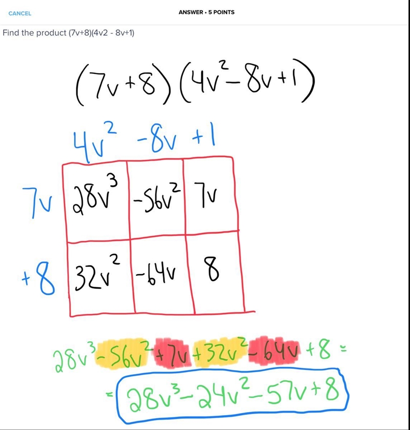 Find the product (7v+8)(4v2 - 8v+1)-example-1