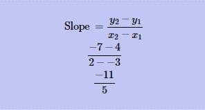 What is the slope of the line between points A(-3,4) and B(2,-7)?-example-1