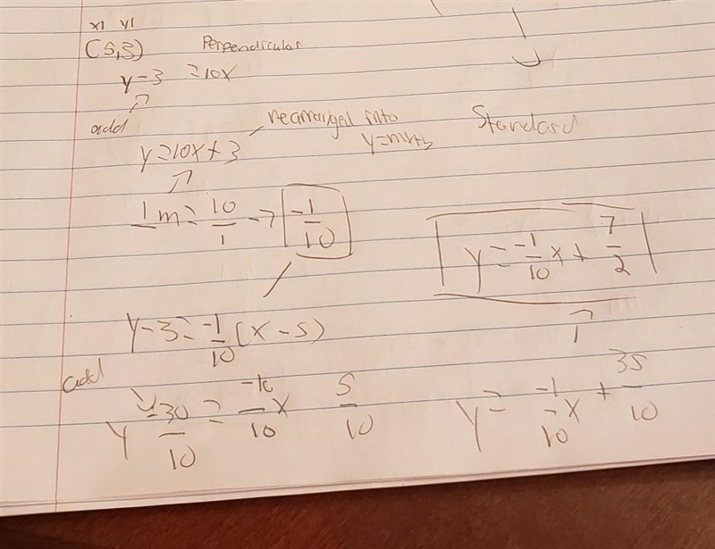 write the equation of the line passing through (5,-3) and perpendicular to the line-example-1