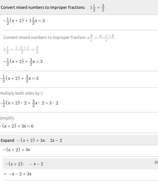 Solve for x. −1/2(x+2)+1 1/2x=3-example-1