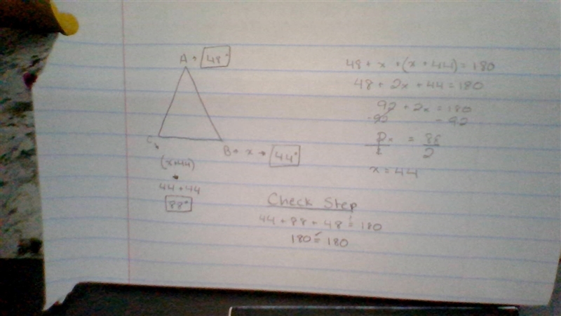 What are the interior angles when one angle a is 48. angle b is x, and angle c is-example-1