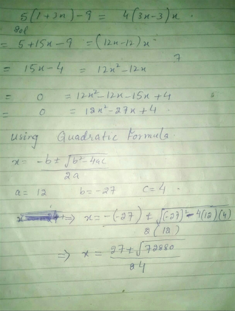 28. Solve the equation 5(1 + 3x) - 9 = 4(3x - 3) x = _____-example-1