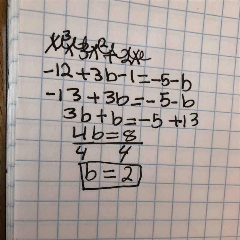 What is the solution to the liner equation That -12+3b-1=-5-b-example-1