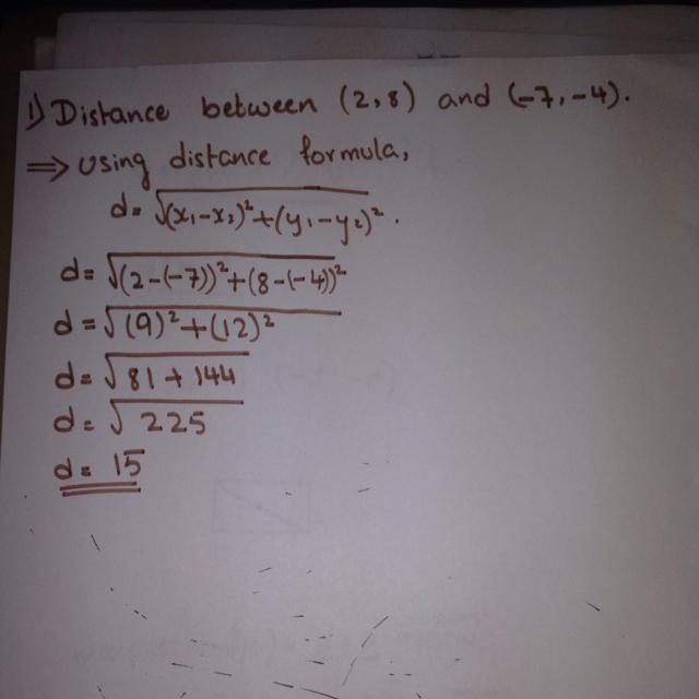 What is the distance between the points (2, 8) and (-7, -4) in the coordinate plane-example-1