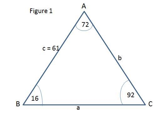 In △ABC, m∠A=72 △ A B C , m ∠ A = 72 °, c=61 c = 61 , and m∠B=16 m ∠ B = 16 °. Find-example-1