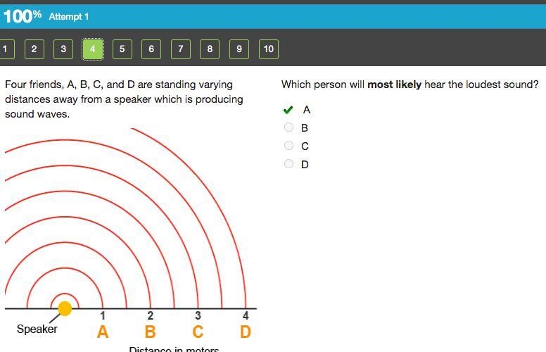 Four friends, A, B, C and D are standing varying distances away from a speaker which-example-1