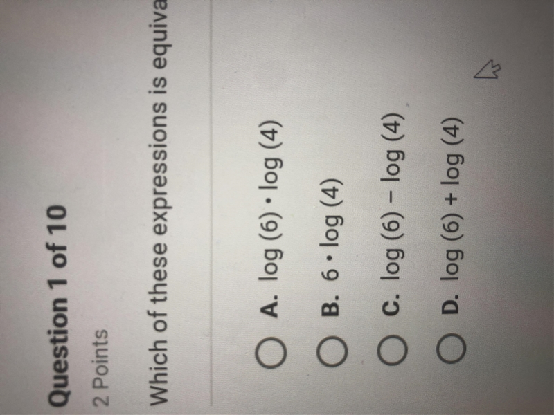 Which of these expressions is equivalent to log(4^6)?-example-1