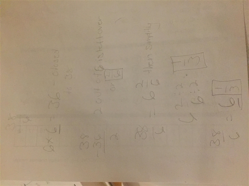 Rewrite the improper fractions as mixed numbers. 1. 19/5. 2. 38/6. 3. 73/8 please-example-3