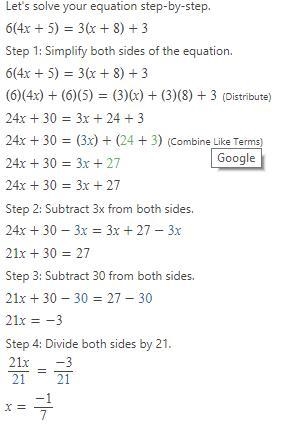 Solve for x; 6(4x+5)=3(x+8)+3-example-1