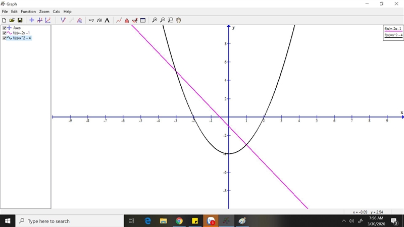 Use graphing to find the solutions to the system of equation x^2-y=4 2x+y=-1-example-1