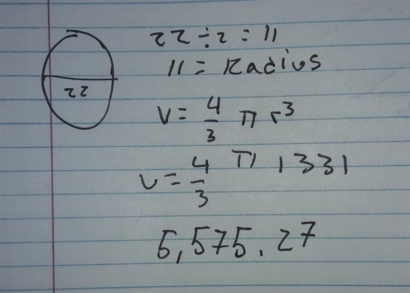 A sphere has a diameter of 22 units. What are its radius and volume? A. The radius-example-1