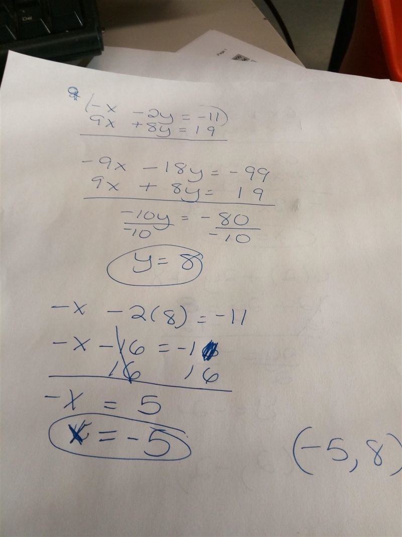 Solve the system -x - 2y = -11 and 9x + 8y = 19 by combining the equations​-example-1