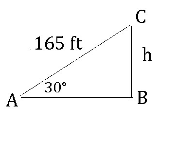 A boy walks 165 feet up a ramp having a 30(deg) inclination. How high is he standing-example-1