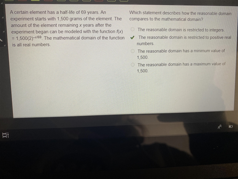 A certain element has a half-life of 69 years. An experiment starts with 1,500 grams-example-1