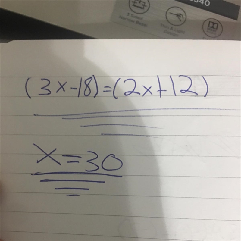 (3x-18) = ( 2x+12) What is the measure of angle-example-1