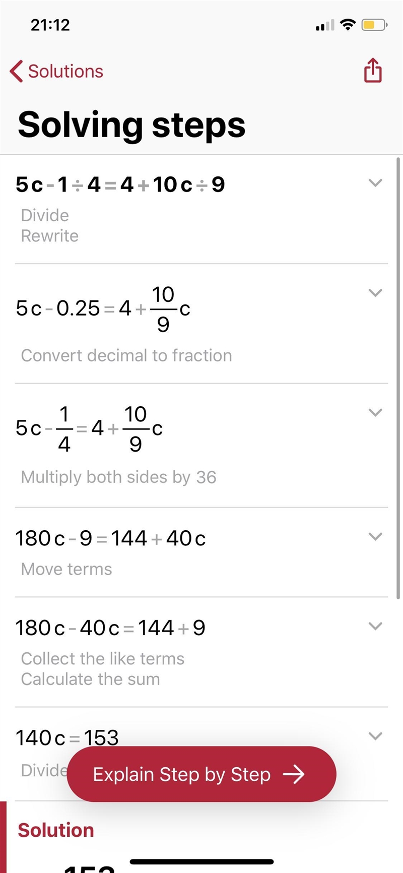 5c-1÷4=4+10c÷9 is there a solution or no solution and if there is I would like to-example-1