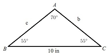 an isosceles triangle has angle measures of 55, 55, and 70. the side across the 70 degree-example-1