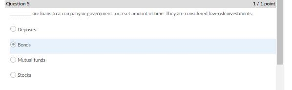 ______are loans to a company or government for a set amount of time they earn interest-example-1