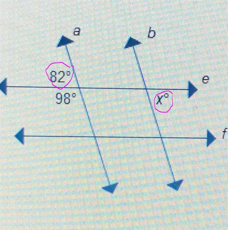 Lines a and b are parallel and lines e and f are parallel. What is the value of x-example-2