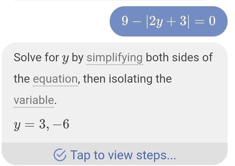 9−|2y+3|=0 PLZ SOLVE QUICKLY it's not y=6 and y=-3 I tried that it didn't work one-example-1