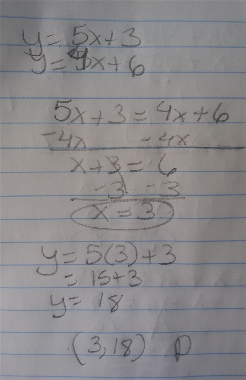 A system of equations is shown below. y = 5x + 3 y = 4x+6 What is the solution to-example-1