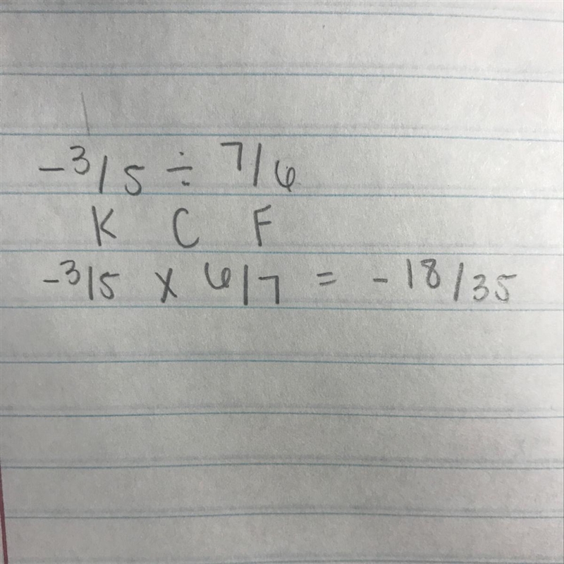 Simplify (-3/5) ÷ (7/6). A. -7/10 B. -18/35 C. 18/35 D 7/10-example-1