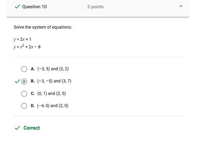 Solve the system of equations y=2x+1 y=x^2+2x-8-example-1