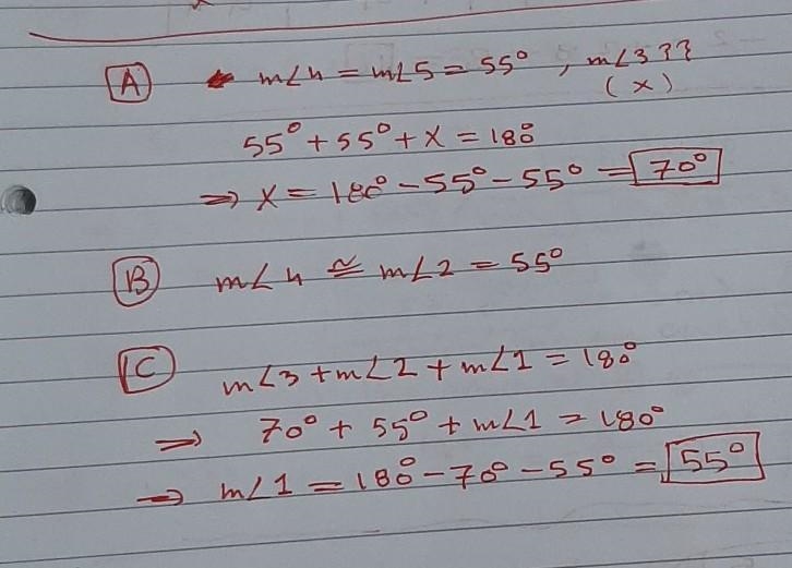 In this picture, m<4=m<5= 55° (a) Show how to find m<3 ? (b) Explain how-example-1