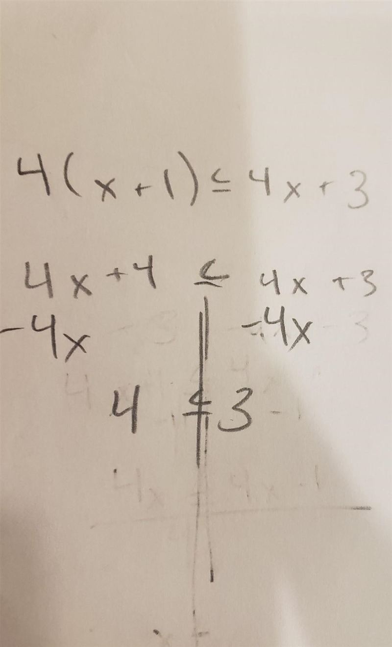 HELP DUE IN AN HOUR Solve for x. 4(x+1)≤4x+3 A x≤7 B all real numbers C x≤1 D no solution-example-1