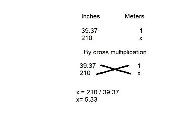 There are approximately 39.37 inches in 1 meter. How many meters are there in 210 inches-example-1