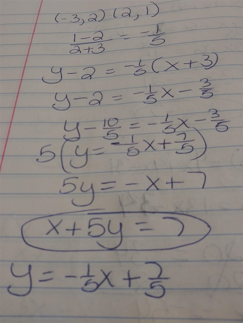 Choose the equation that represents a line that passes through points -3,2 and 2,1 5x-example-1