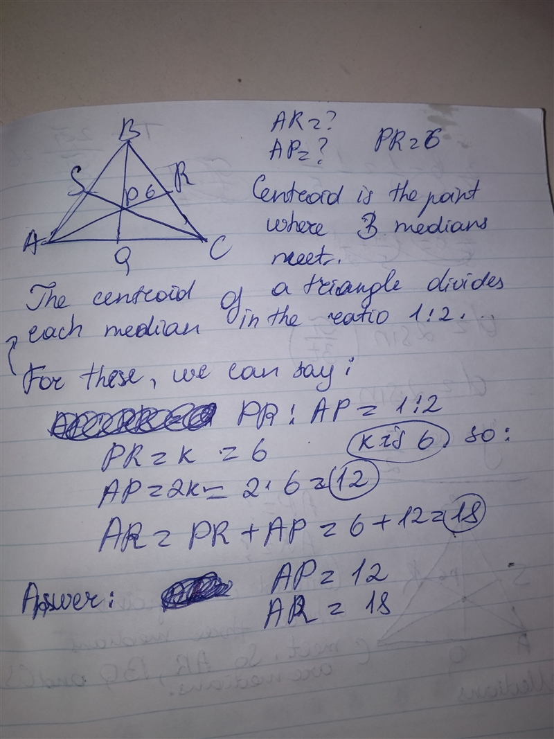 In the figure below, P is the centroid of the triangle ABC. Find the length of AP-example-1