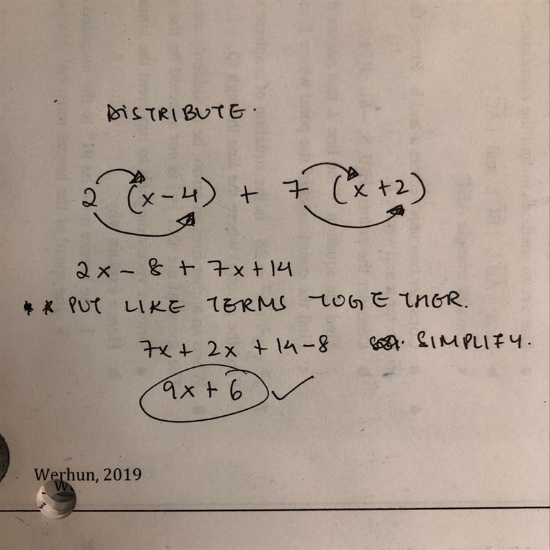 Simplify 2(x-4)+7(x+2).-example-1