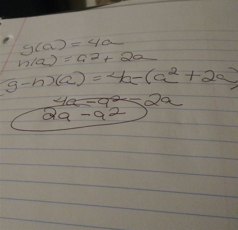 G(a) = 4a ha)=a² + 2a Find (g - h)(a)​-example-1